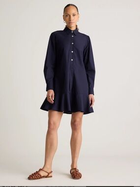 Quince Classic poplin cotton Navy Shirt Dress with Ruffle Hem size medium NWT